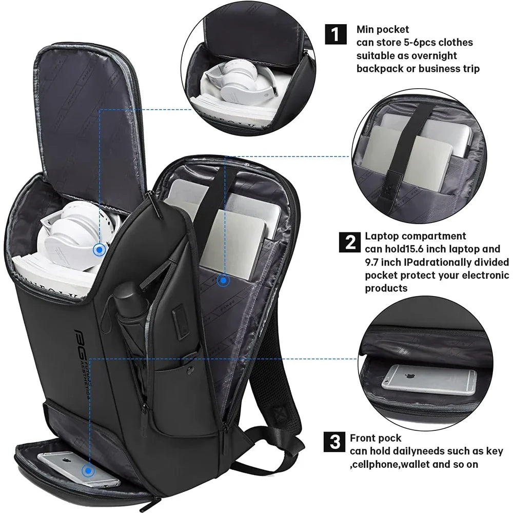 Business Smart Laptop Backpack Black Waterproof USB Charging Port-2
