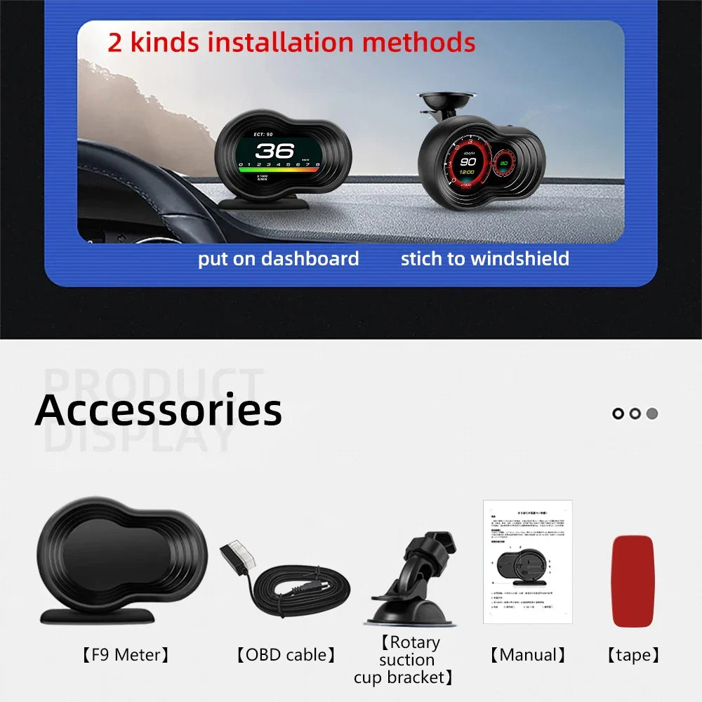 OBD2 Car HUD F9 Digital Head-Up Display with Smart Alarm for Gasoline Cars