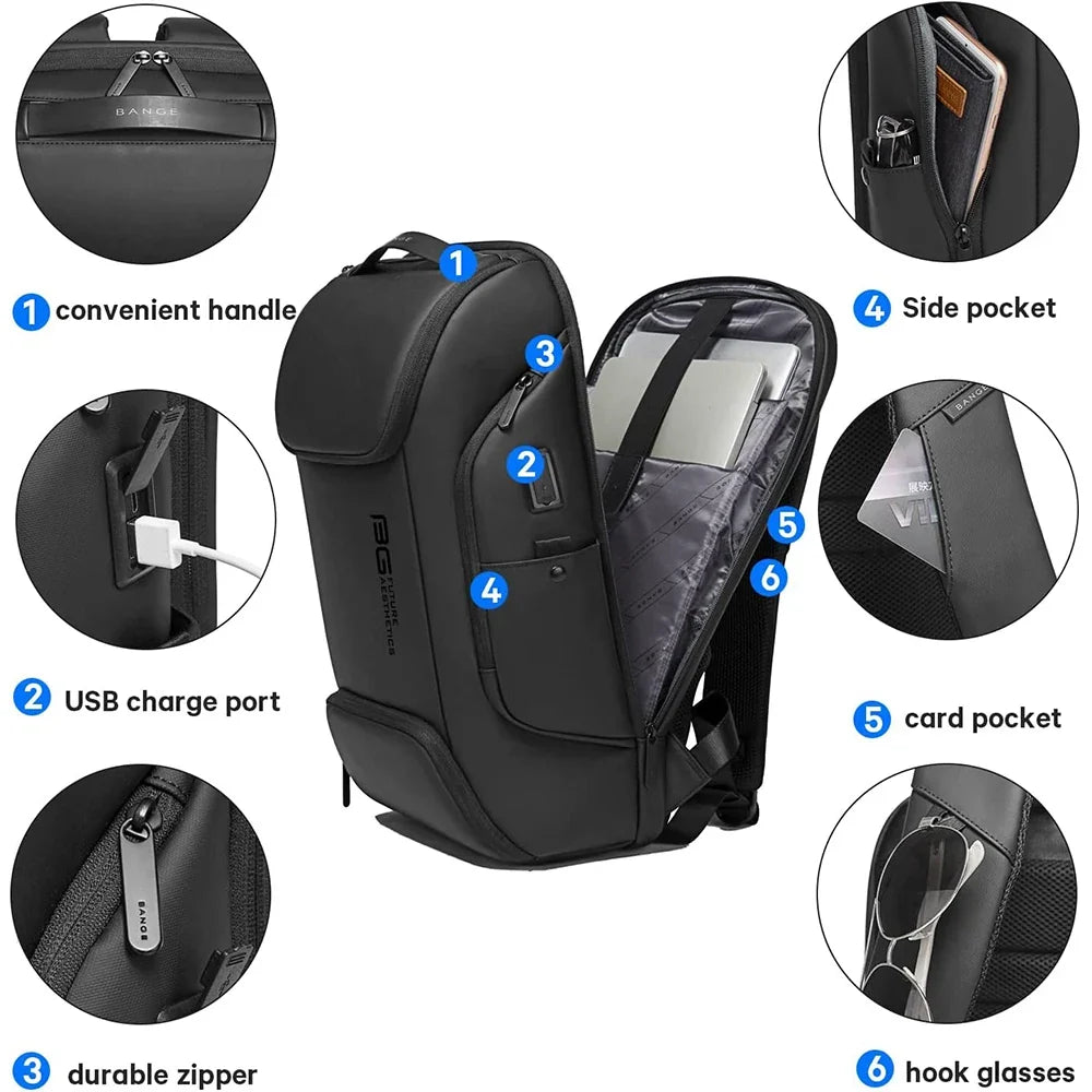 Business Smart Laptop Backpack Black Waterproof USB Charging Port-3